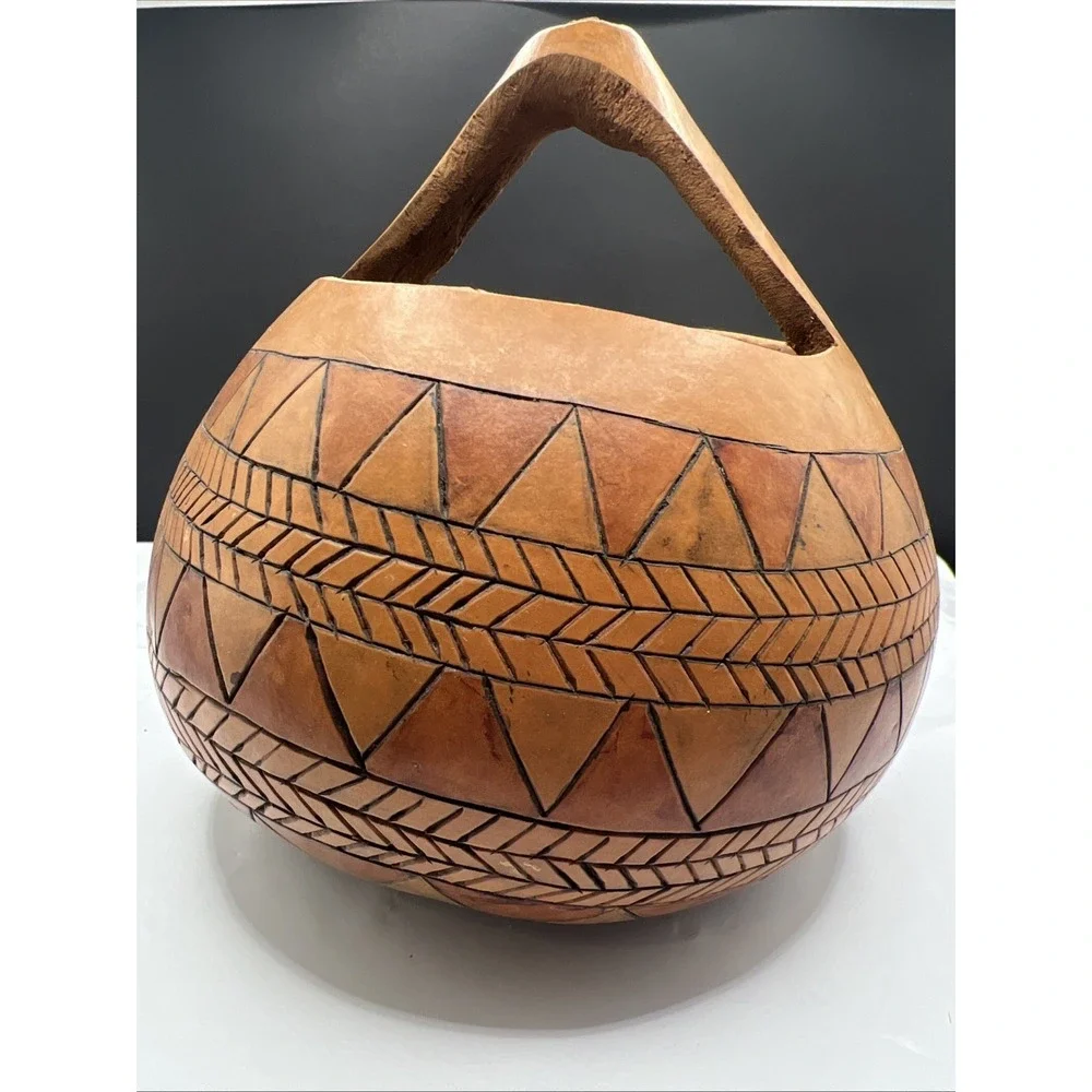 Ethel Owen Signed Handcrafted Gourd Basket Pyro Engraved Geometric Folk Art Vtg